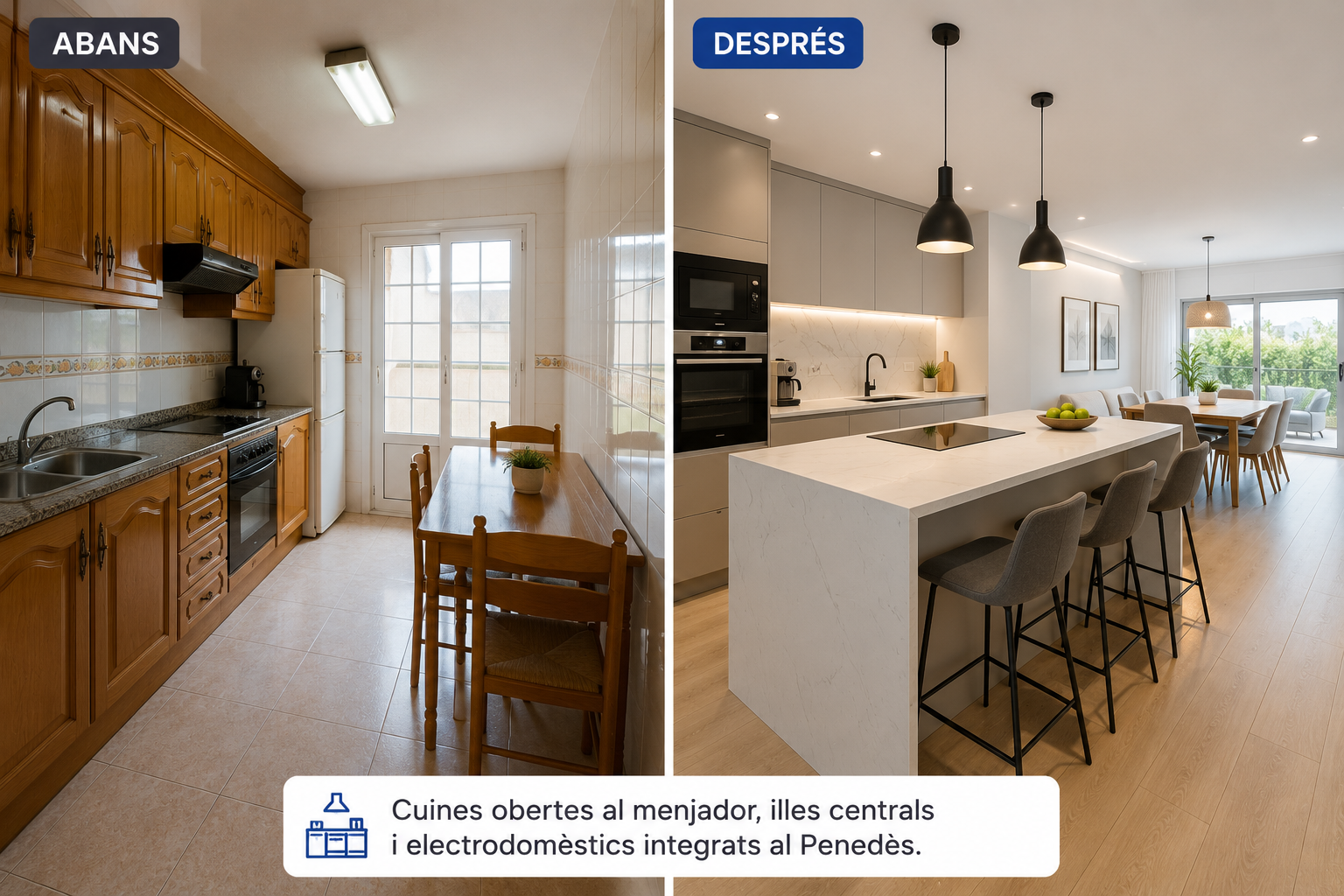 Cuina reformada a el Garraf: abans tancada amb mobles de fusta i després oberta al menjador amb illa central i electrodomèstics integrats