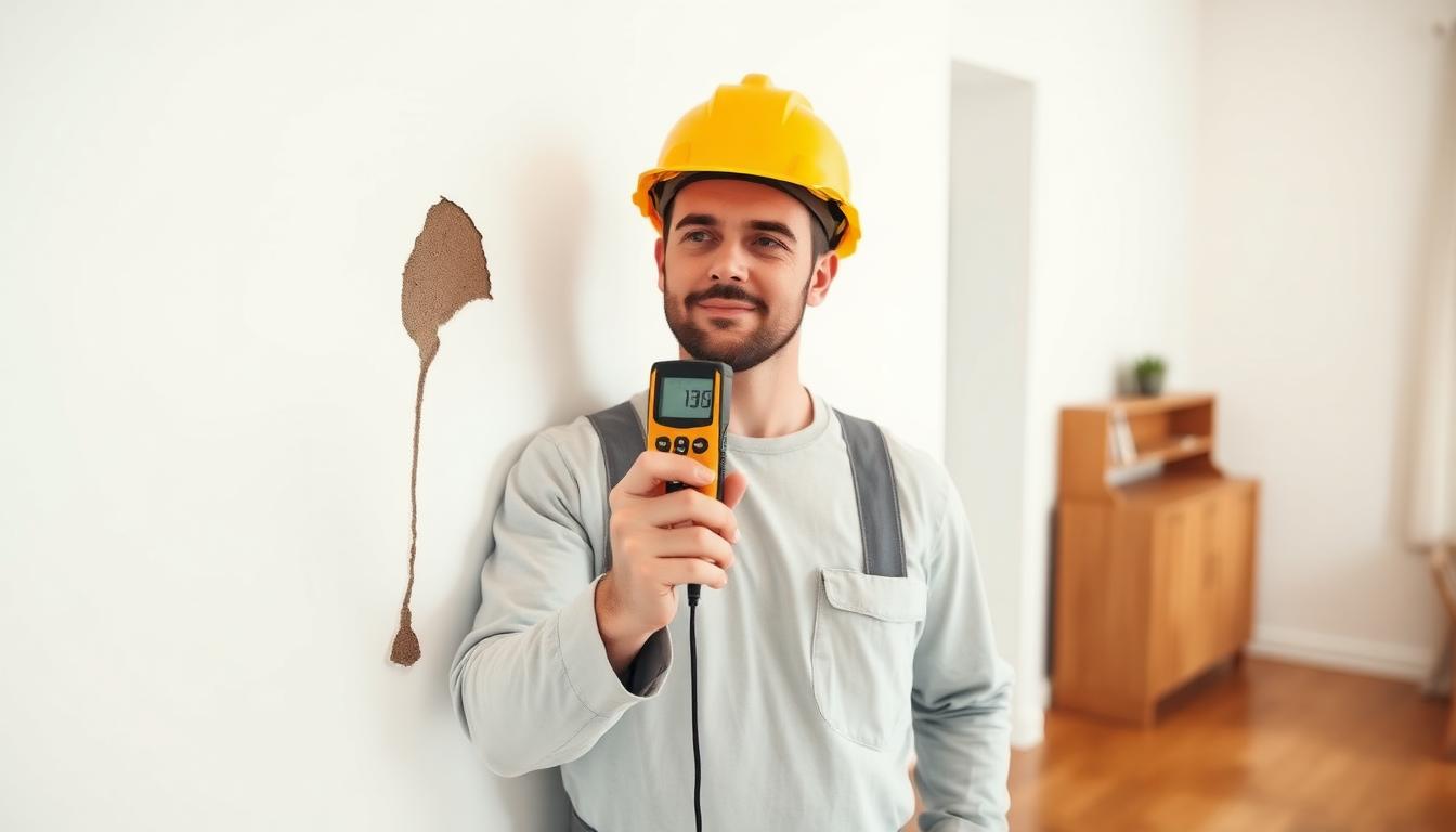 Técnico midiendo la humedad de una pared con un higrómetro profesional